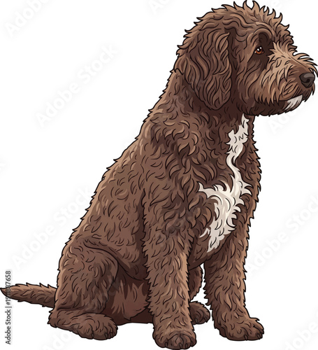 Spanish Water Dog sitting attentive side profile looking away