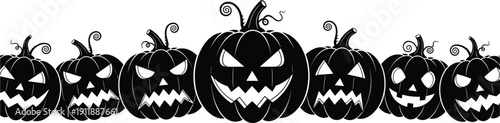 Halloween Pumpkin Silhouette Collection, Spooky Jack O Lantern Border, Horror Autumn Holiday Decoration, Evil Face Carvings, Vector Illustration, Isolated Graphic