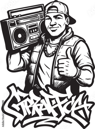 Man holding boombox giving thumbs up with graffiti text isolated on transparent background