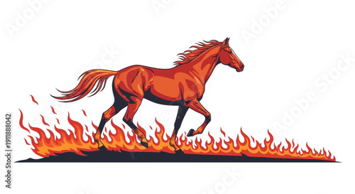 Illustration of a fiery red horse running through flames on a white background, symbolizing the Year of the Fire Horse in traditional Chinese design for the 2026 Chinese New Year.
