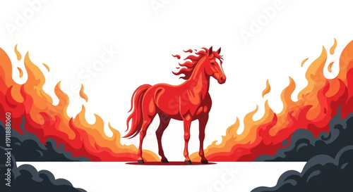 Vector illustration of a red horse standing amidst flames on a white background, symbolizing the Year of the Fire Horse in traditional Chinese design for the 2026 Chinese New Year event.