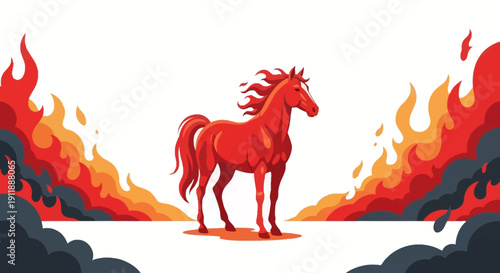 Illustration of a red horse standing amidst flames and smoke, symbolizing the Year of the Fire Horse in a traditional Chinese New Year design.