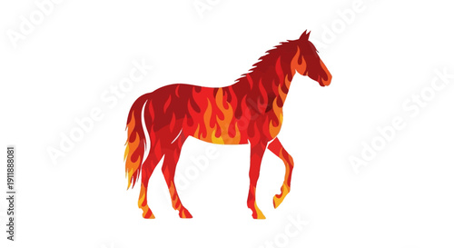 Vector illustration of a horse with a fiery mane and body, symbolizing the Year of the Fire Horse in a traditional Chinese New Year design against a clean white background.