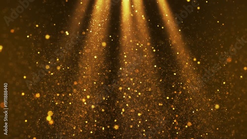Cinematic volumetric light rising gold particles video loop animation with glowing dust and ethereal sunbeam