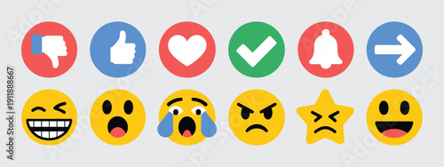 Social Media Emoji Reactions Vector Illustration, Like, Dislike, Heart, Share, Comment, And Other Interaction Icons In Flat Style For Web And App Design.