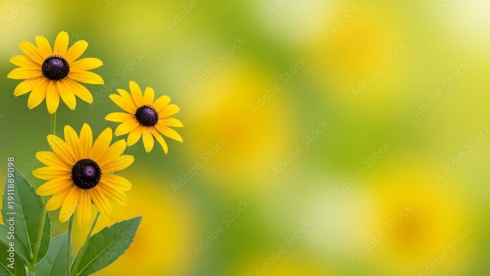 Fototapeta premium Yellow Black Eyed Susans on Blurred Green Background yellow flowers nature