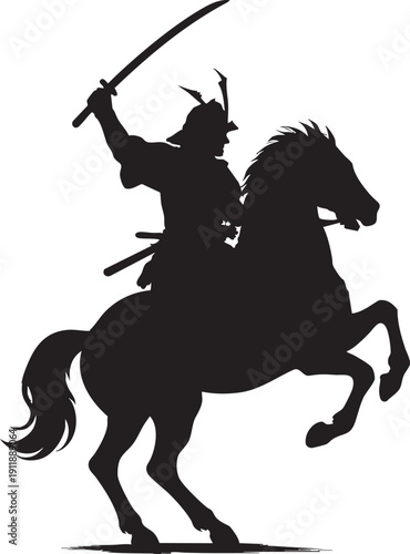 Samurai warrior riding horse with sword raised high in air ready to attack enemy
