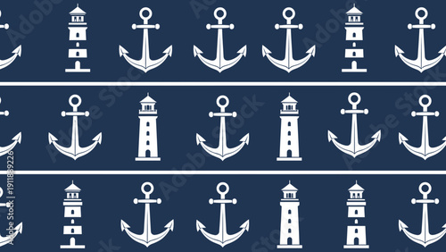 Nautical Pattern: Anchors and Lighthouses on Navy Blue Background