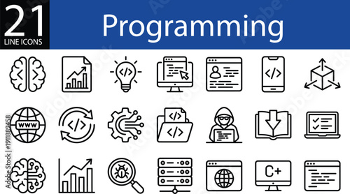 Programming line icon collection in modern outline style, code, brain, web, bug, and analytics