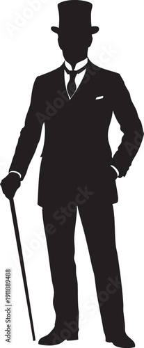 Silhouette of a man in a suit and top hat holding a cane confidently standing