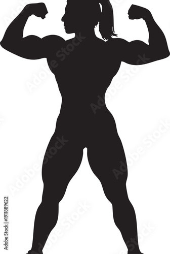 Silhouette of a muscular woman flexing her biceps in a powerful stance