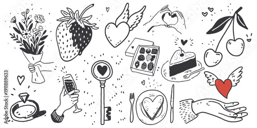 Collection of hand drawn romantic doodles including hearts and wedding elements for valentine day greeting cards and love story decoration concepts