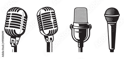 Retro microphones vector set, vintage microphone icons collection, audio equipment symbols, classic studio mics, music recording design elements, sound gear graphics