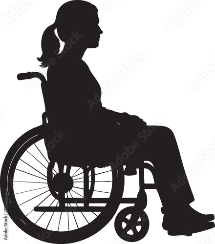 Silhouette of a woman sitting in a wheelchair from the side view profile