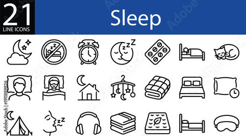 Sleep line icons collection in minimalist outline style, bedding, bedtime, moon, rest, and insomnia