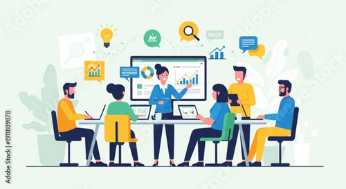 A diverse group of business professionals collaborating and brainstorming ideas in a modern meeting room with a large screen display on transparent background