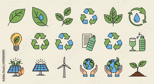 A set of eco-friendly icons and illustrations on transparent background