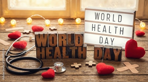 World Health Day display with stethoscope and heart decorations on table  