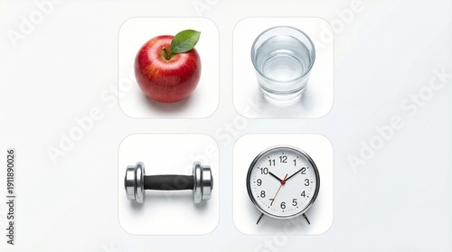 Healthy lifestyle icons including apple, water, dumbbell, and clock  