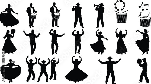 Traditional folk dance silhouettes set, ethnic performers with musical instruments and dancers in costume, cultural festival celebration icons, rhythmic carnival vector illustration.