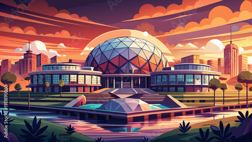 Very beautiful dramatic architectural view of a geodesic dome at sunset, showcasing geometric structure, glowing sky reflections, and modern university campus atmosphere in Madison, Wisconsin.