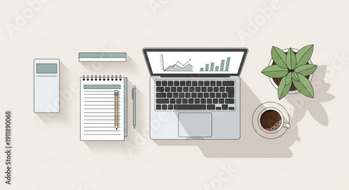 A minimalist office workspace with a laptop, coffee, and plants on a transparent background