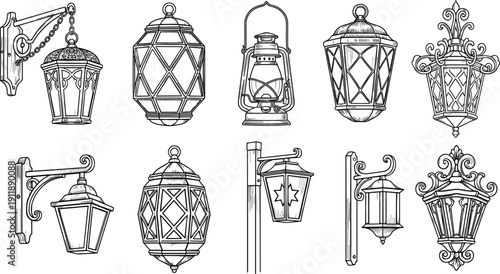 Vintage decorative lantern and wall mounted street lamp collection isolated on white background detailed vector illustration set