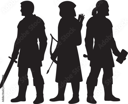 Silhouettes of medieval people with sword bow and battle axe standing side by side