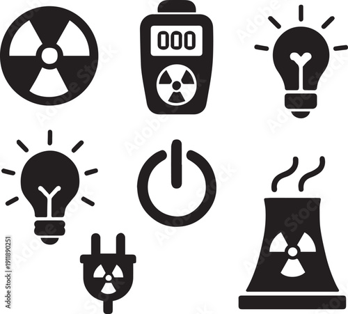 Minimalist Black Nuclear and Energy Icon Set Vector Illustration