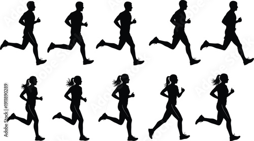 Silhouette set of male and female runners jogging in motion isolated on white background vector illustration collection