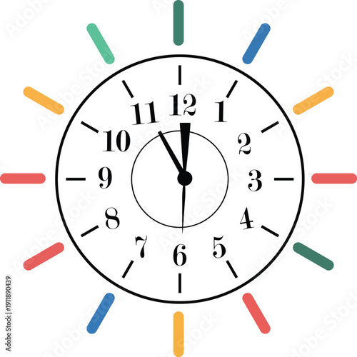 Colorful Clock Face Showing Five Minutes to Midnight