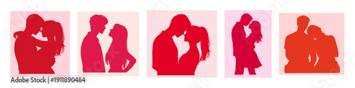 Romantic Couple Silhouette Set for Valentines Day, Loving Man and Woman Hugging Kissing Holding Waist Looking into Eyes in Red and Pink Colors