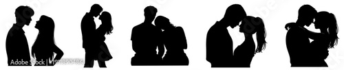 Romantic couple silhouettes set for Valentine’s Day — hugging lovers, girl resting head on boyfriend shoulder, eye to eye gaze, man holding woman by waist, intimate embrace black