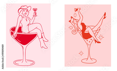 Sexy Retro Pin-Up Women in Martini Cocktail Glasses, Vintage Cabaret Burlesque Show Girls, Glamour Night Club Party