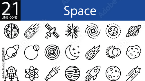 Space line icon collection in outline style, planets, stars, rockets, satellites, and galaxies