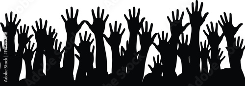 Diverse Crowd of Raised Human Hands Silhouette for Community Volunteering Teamwork Concert Celebration Voting Success and Social Unity Project Graphics, cad drawing flat vector illustration