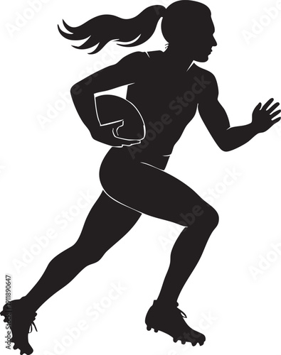 Woman running with rugby ball in hand sprinting to the right side fast