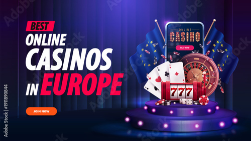 Best online casinos in Europe, banner for website with button, purple podium with smartphone, casino slot machine, roulette wheel, poker chips, playing cards and a flag of Europe on podium with light 