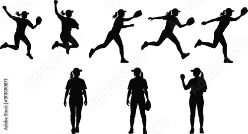 Silhouette collection of female softball player running pitching and catching isolated on white background vector illustration set