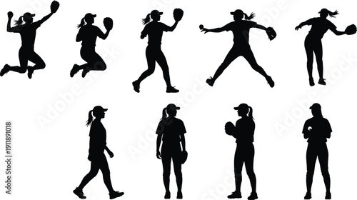 Silhouette set of female softball player pitching throwing catching and running isolated on white background vector illustration collection