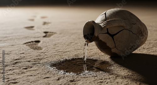 Cracked ancient clay pot spilling water onto sandy ground with footprints