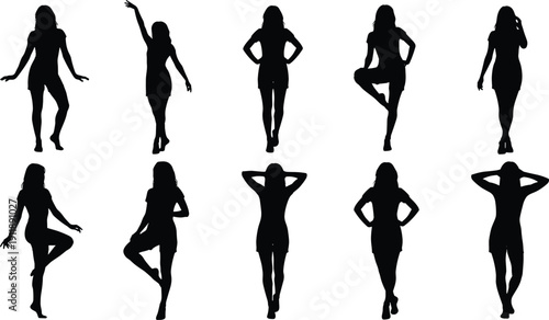 Silhouette set of stylish woman posing in fashionable elegant stances isolated on white background vector illustration collection