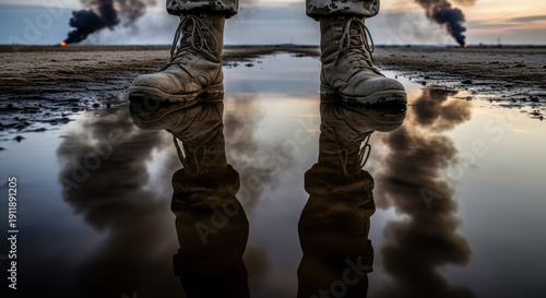 Soldier's boots reflected in muddy water with oil fires burning in background