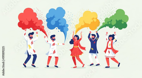 Diverse group of people celebrating holi festival with colorful smoke bombs in vibrant outdoor setting