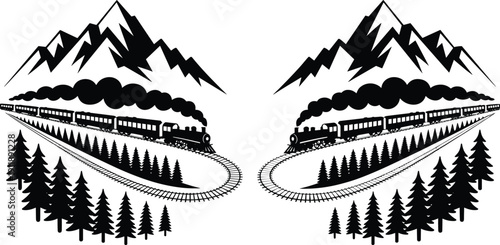 Vintage Steam Train Silhouette Traveling Through Mountain Forest Landscape with Pine Trees and Curved Railway Track, Black and White Symmetrical Vector Illustration Design