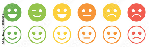 Emoticons Icons Vector Set, Flat Style Emoji Faces Collection Featuring Happy, Smiling, Neutral, Sad, And Angry Expressions, Minimalist Line Smiley Face Illustration.