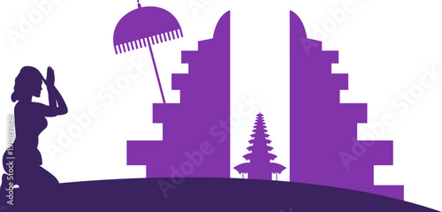 Silhouette of Balinese Person Praying. Hinduism. nyepi day, culture religion illustration background. Vector isolated.