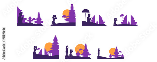 Set of silhouette of Balinese Person Praying. Hinduism. nyepi day, culture religion illustration background. Vector isolated.
