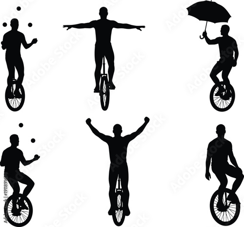 Silhouette set of unicyclist performing juggling and balance tricks with umbrella isolated on white background vector illustration collection