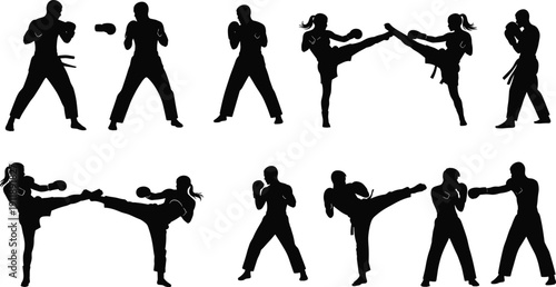 Silhouette collection of martial artists performing karate and kickboxing punches high kicks isolated on white background vector illustration set